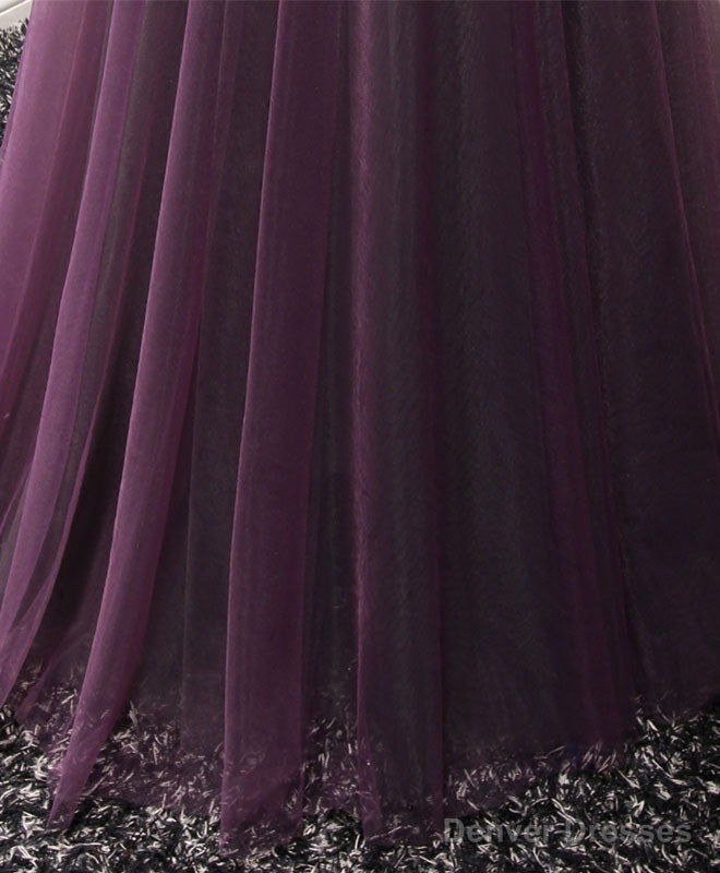 Purple Tulle Lace Off Shoulder Long Prom Dress, Purple Evening Dress