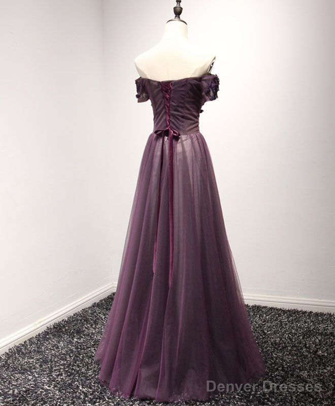 Purple Tulle Lace Off Shoulder Long Prom Dress, Purple Evening Dress Secondary image
