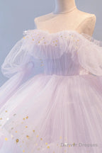 Purple Tulle Layers Long A-Line Prom Dress, Cute Long Sleeve Evening Gown
