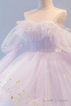 Purple Tulle Layers Long A-Line Prom Dress, Cute Long Sleeve Evening Gown