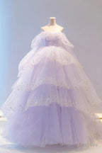Purple Tulle Layers Long A-Line Prom Dress, Cute Long Sleeve Evening Gown