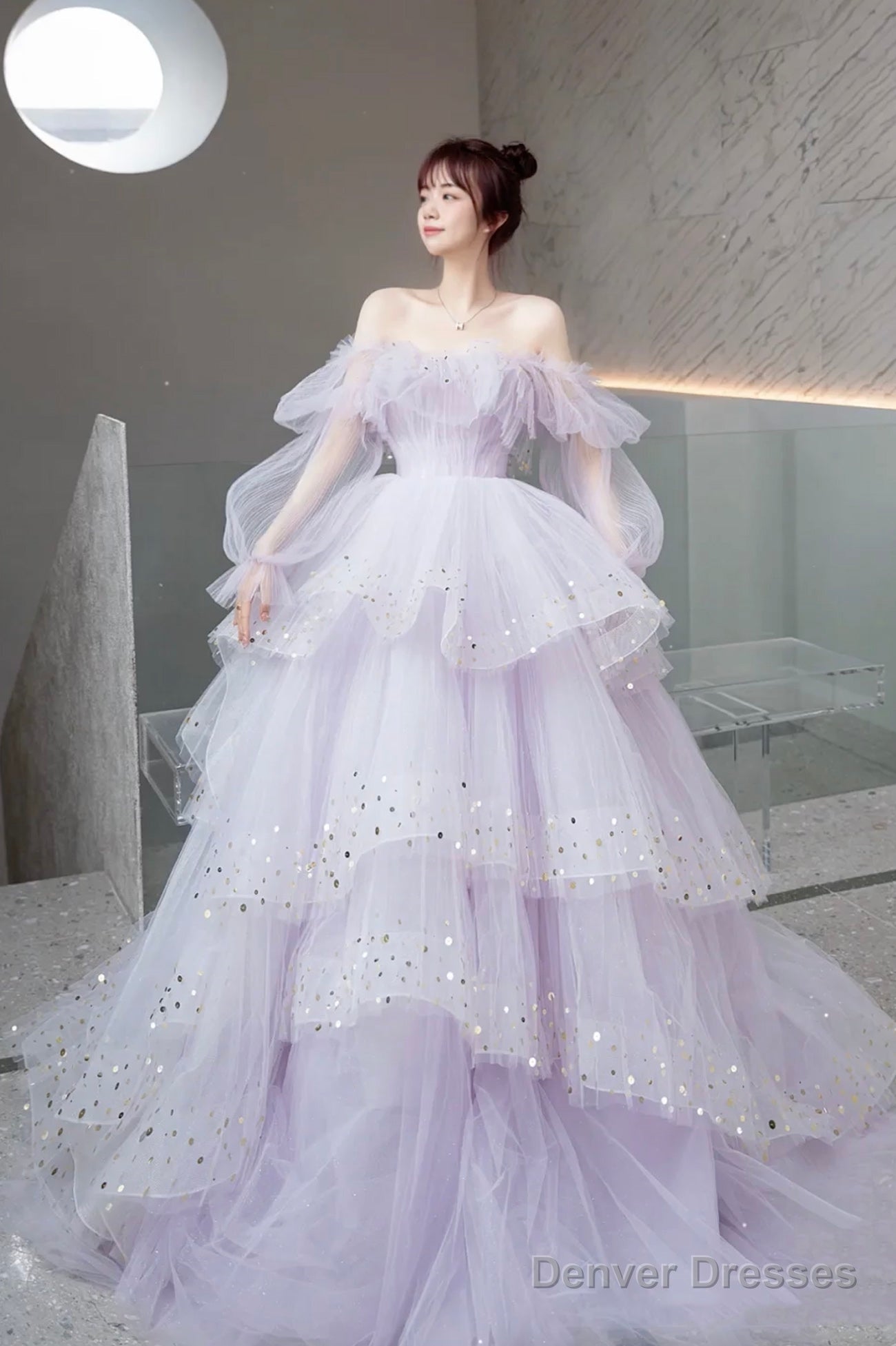Purple Tulle Layers Long A-Line Prom Dress, Cute Long Sleeve Evening Gown Main image