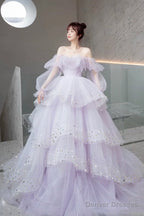 Purple Tulle Layers Long A-Line Prom Dress, Cute Long Sleeve Evening Gown