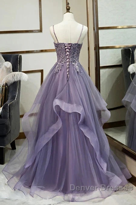 Purple Tulle Layers Long Formal Gown Lace Applique Party Dress A Line Floor Length Prom Dress Secondary image