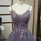 Purple Tulle Layers Long Formal Gown Lace Applique Party Dress A Line Floor Length Prom Dress