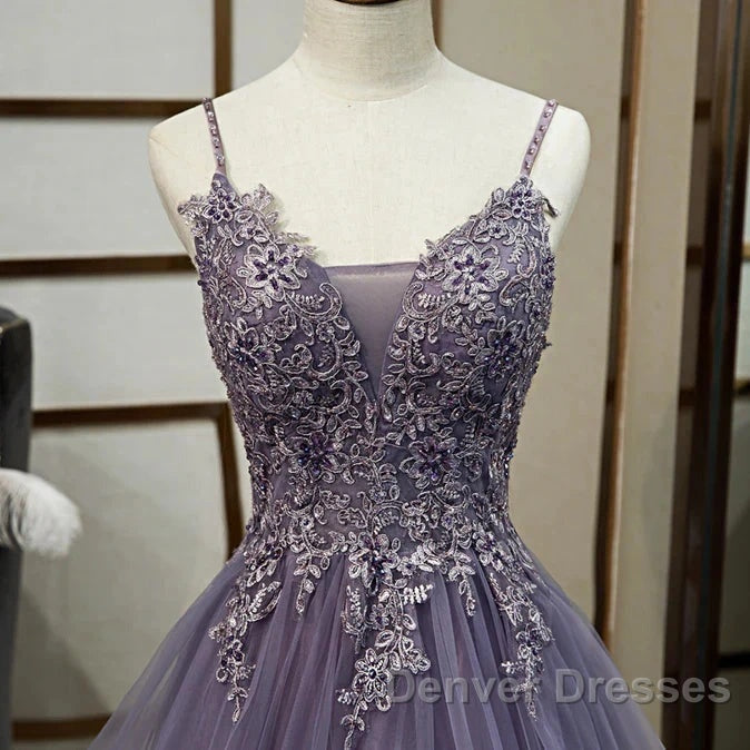 Purple Tulle Layers Long Formal Gown Lace Applique Party Dress A Line Floor Length Prom Dress