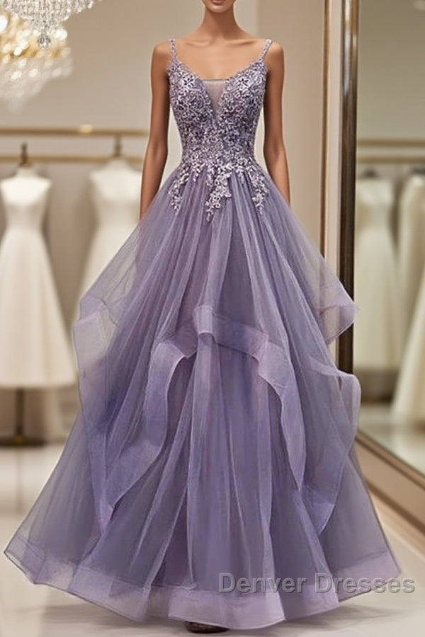 Purple Tulle Layers Long Formal Gown Lace Applique Party Dress A Line Floor Length Prom Dress Main image