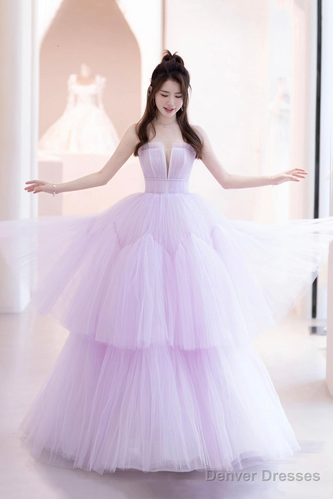 Purple Tulle Long A-Line Formal Dress, A-Line Strapless Evening Party Dress Main image