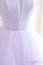 Purple Tulle Long A-Line Prom Dress, A-Line Strapless Evening Gown