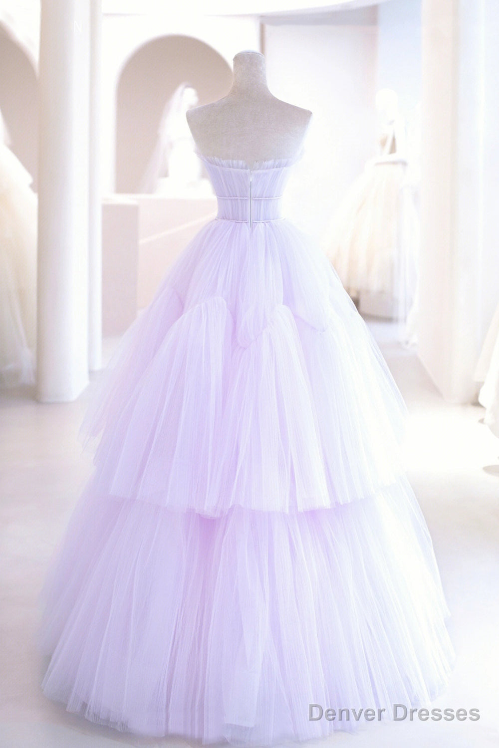 Purple Tulle Long A-Line Prom Dress, A-Line Strapless Evening Gown