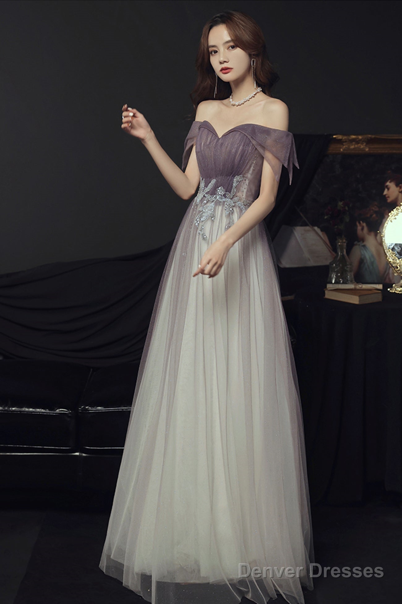 Purple Tulle Long A-Line Prom Dress, Off The Shoulder Evening Graduation Dress Secondary image