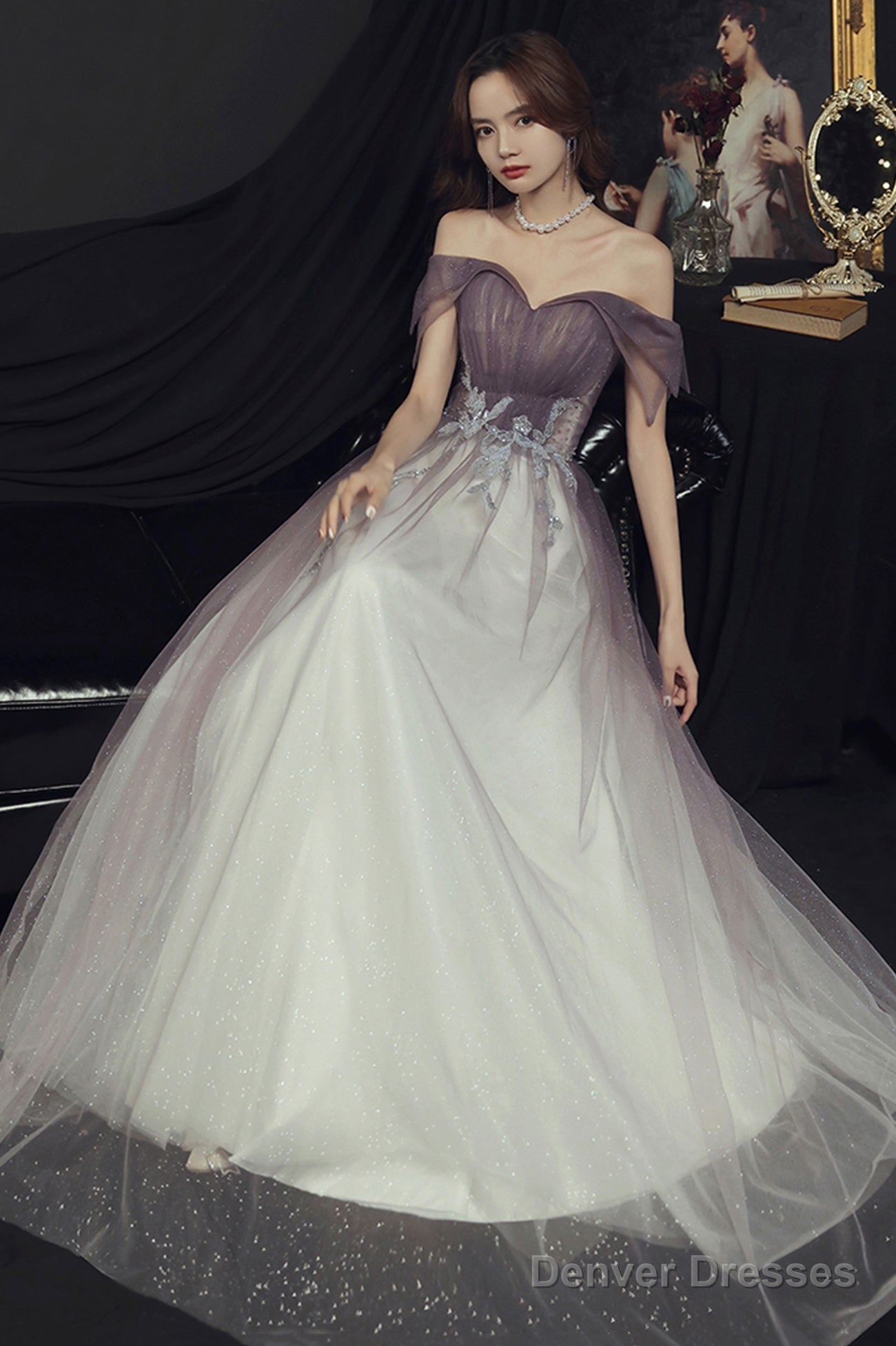 Purple Tulle Long A-Line Prom Dress, Off The Shoulder Evening Graduation Dress