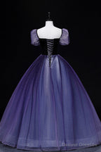 Purple Tulle Long A-Line Prom Dress, Purple Short Sleeve Princess Dress
