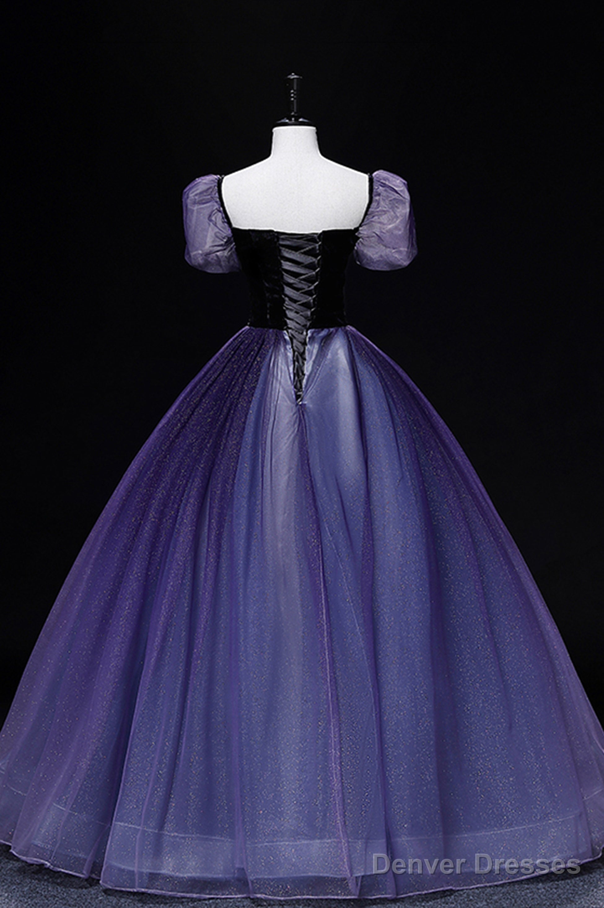 Purple Tulle Long A-Line Prom Dress, Purple Short Sleeve Princess Dress