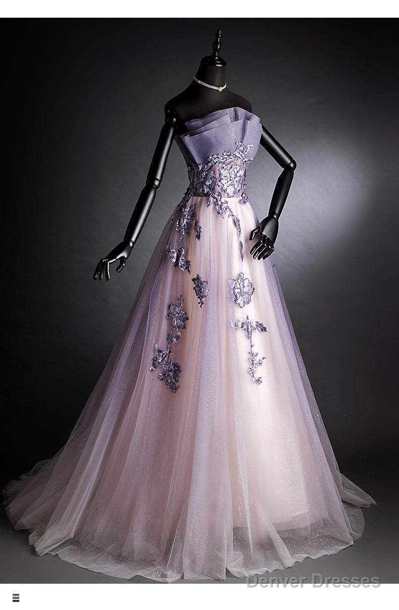 Purple Tulle Long Gradient Party Dress with Flower Lace Applique, Light Purple Prom Dresses Main image