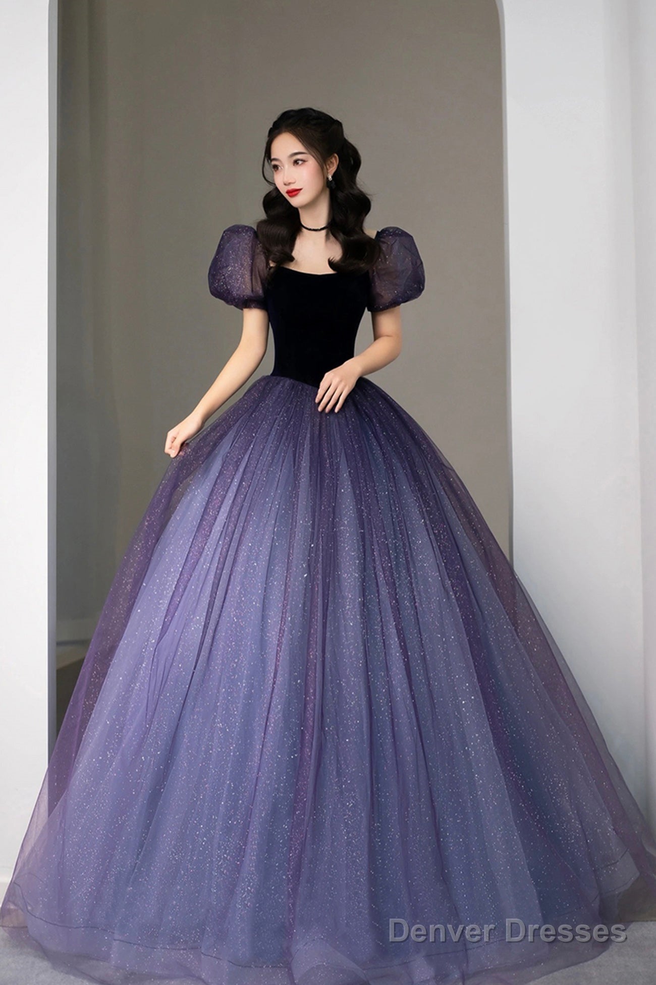 Purple Tulle Long Princess Dress, Cute Short Sleeve Formal Evening Dress Main image