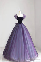 Purple Tulle Long Prom Dress with Velvet, Cute A-Line Short Sleeve Evening Dress
