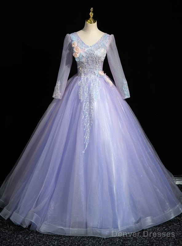 Purple Tulle Long Sleeve V-neck Sequins Quinceanera Dress