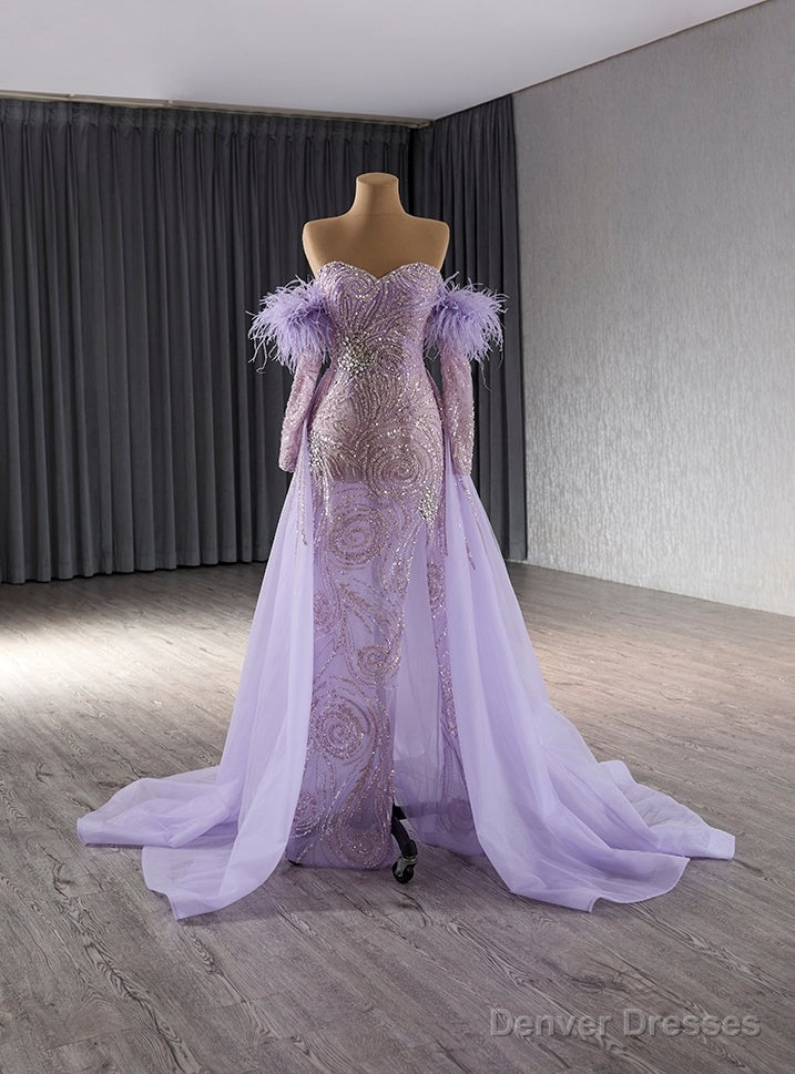 Purple Tulle Mermaid Sequins Prom Dress With Detachable Sleeve Main image