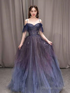 Purple Tulle Off Shoulder A-Line Long Prom Dress, Purple Evening Dress