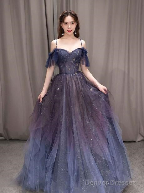 Purple Tulle Off Shoulder A-Line Long Prom Dress, Purple Evening Dress