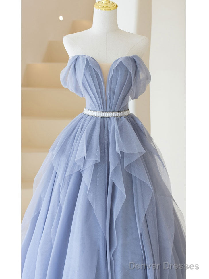 Purple Tulle  Off Shoulder Long Prom Dress, Purple Formal Evening Dresses