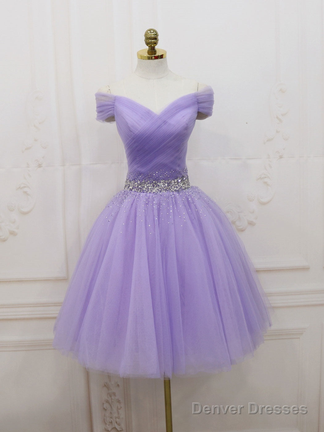 Purple  Tulle Off Shoulder Sequin Short Prom Dress Purple Homecoming Dress Main image