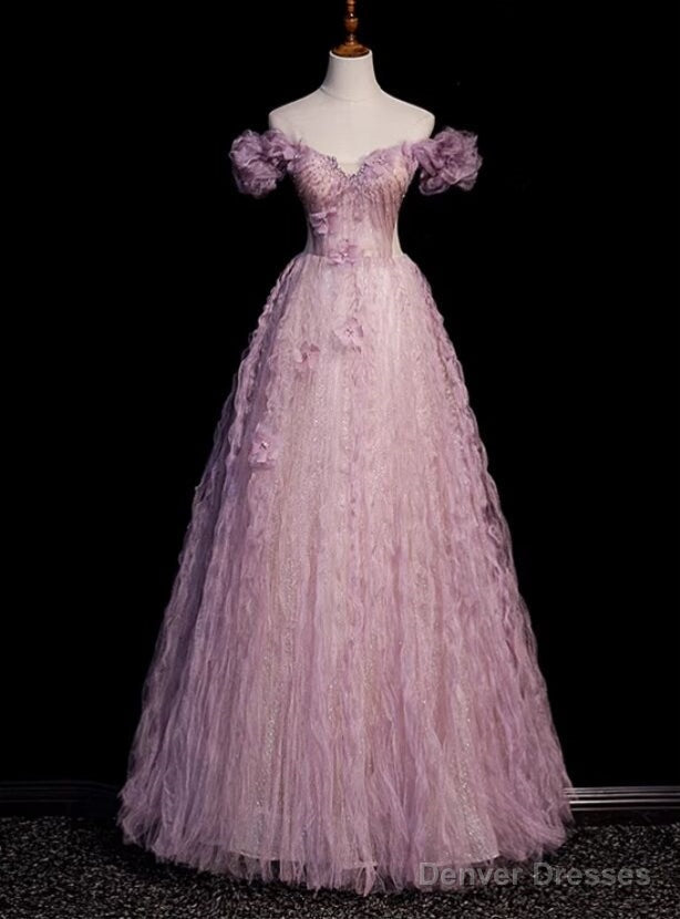 Purple Tulle Off the Shoulder Beading Flower Prom Dress