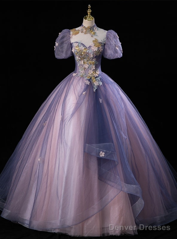Purple Tulle Puff Sleeve Appliques Quinceanera Dress Main image