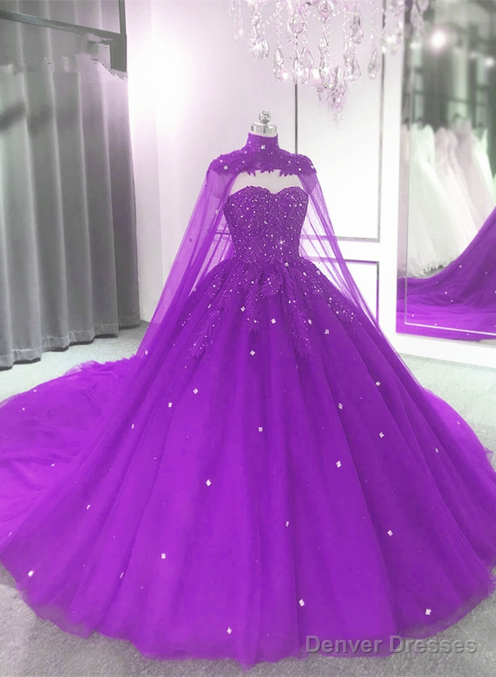 Purple Tulle Quinceanera Dress Lace Applique Beaded Cape, Purple Formal Dress Party Dress Main image