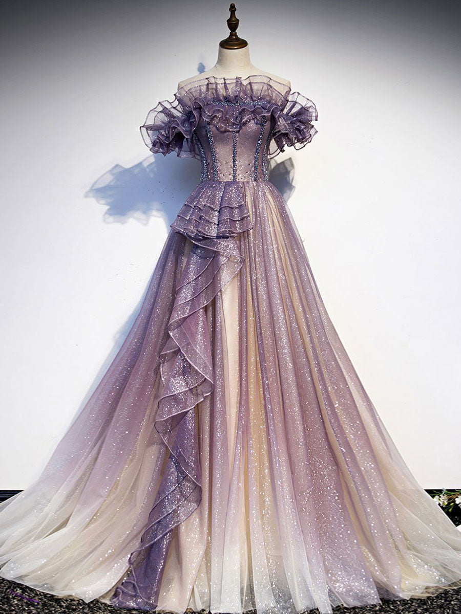 Purple Tulle Sequin Long Prom Dress Purple Evening Dress Main image
