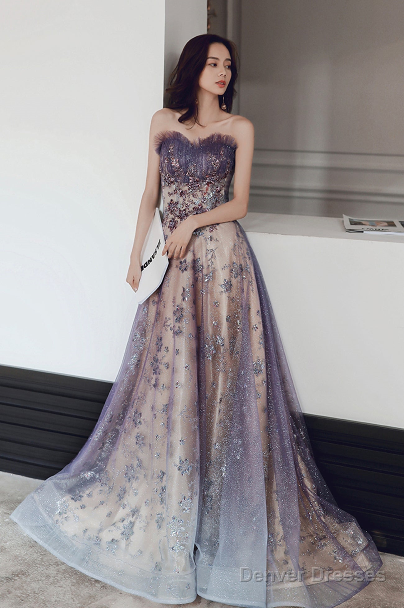 Purple Tulle Sequins Long Prom Dress, A-Line Strapless Evening Party Dress Main image