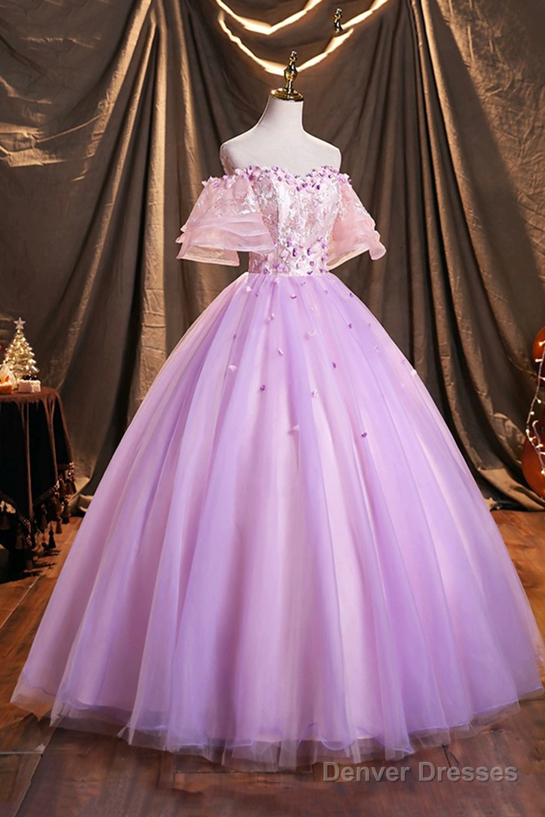 Purple Tulle Sequins Long Prom Dress, Beautiful Off The Shoulder Evening Party Dress