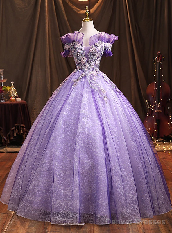 Purple Tulle Sequins Off the Shoulder Appliques Quinceanera Dresses Main image