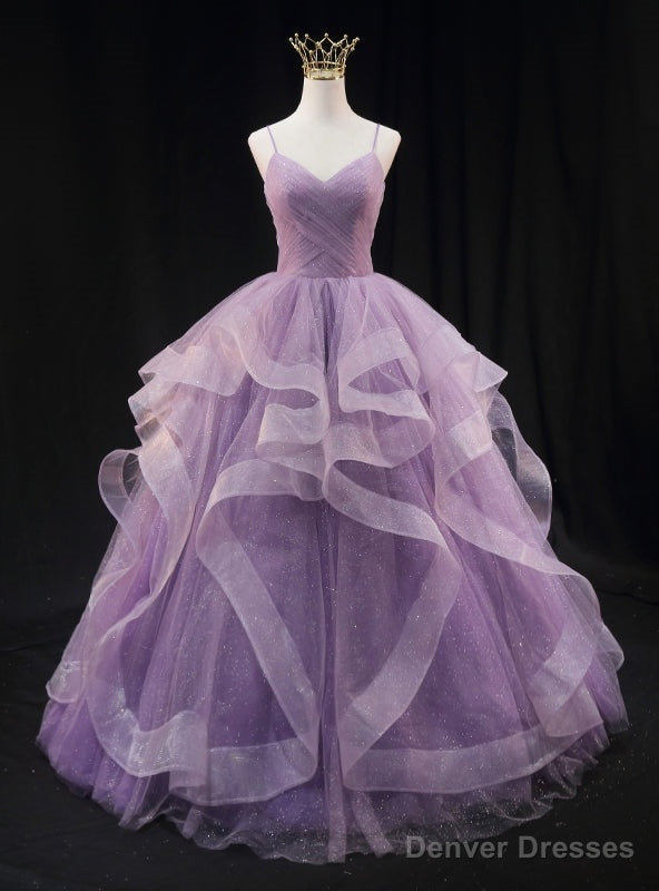 Purple Tulle Sequins Spaghetti Straps Pleats Prom Dress Main image
