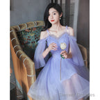 Purple Tulle Short Off Shoulder Homecoming Dress, Purple Prom Party Dresses