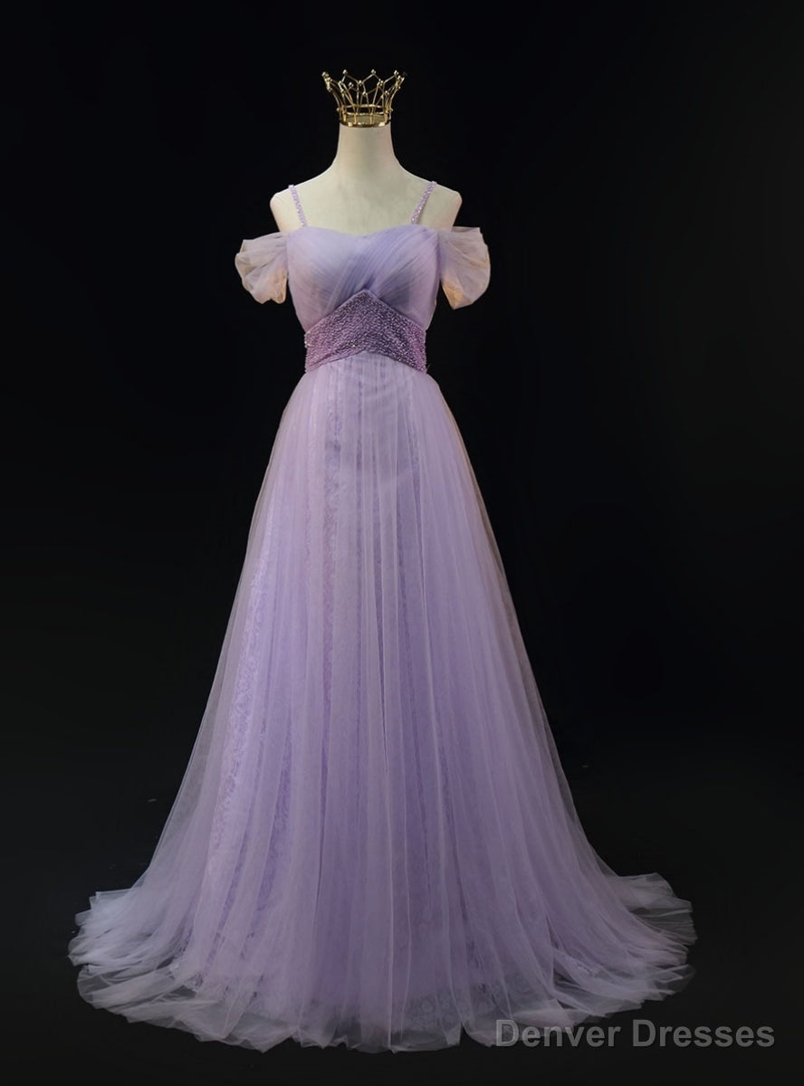 Purple Tulle Spaghetti Straps Beading Prom Dress Main image