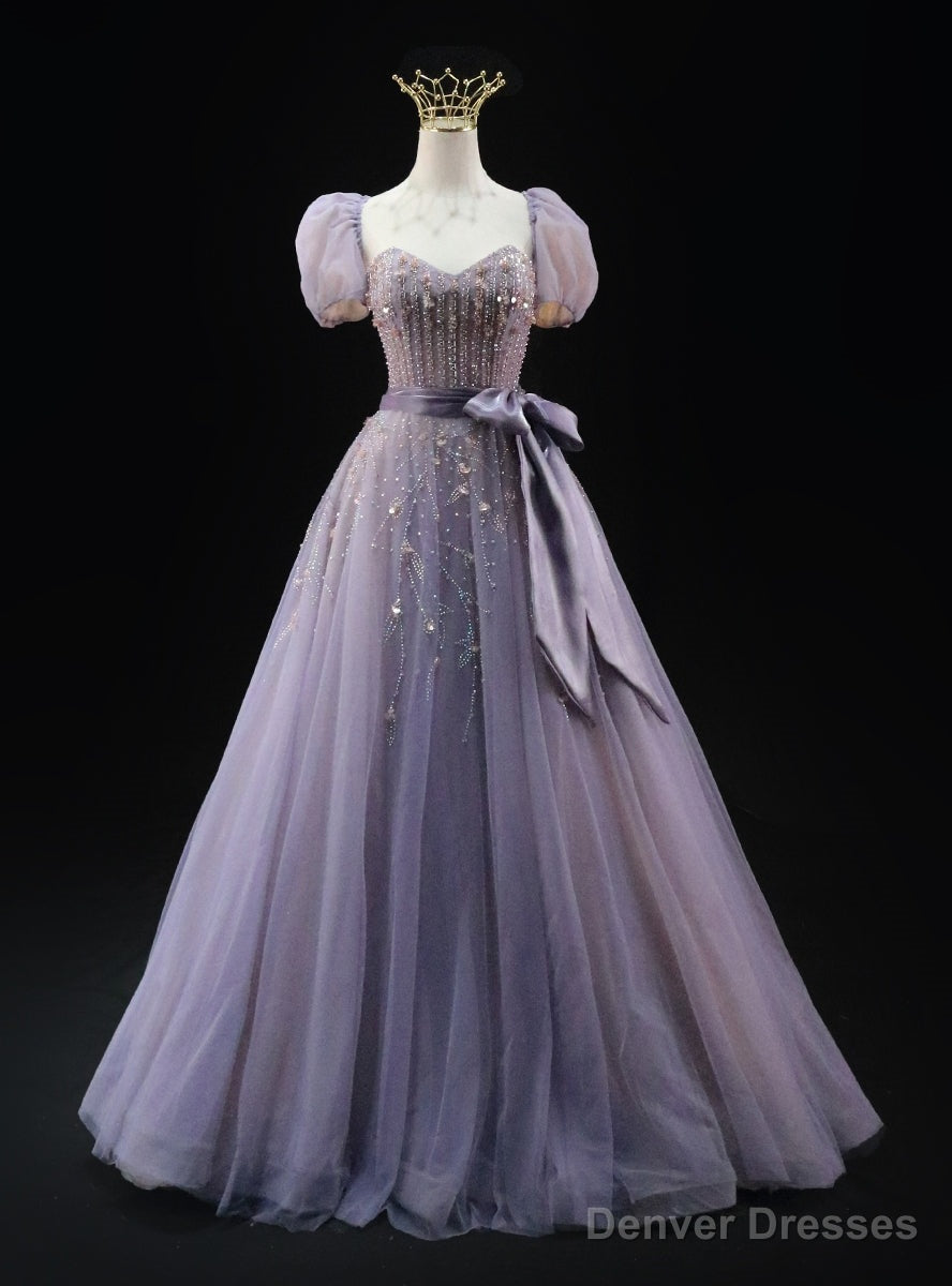 Purple Tulle Strapless Beading Prom Dress Main image