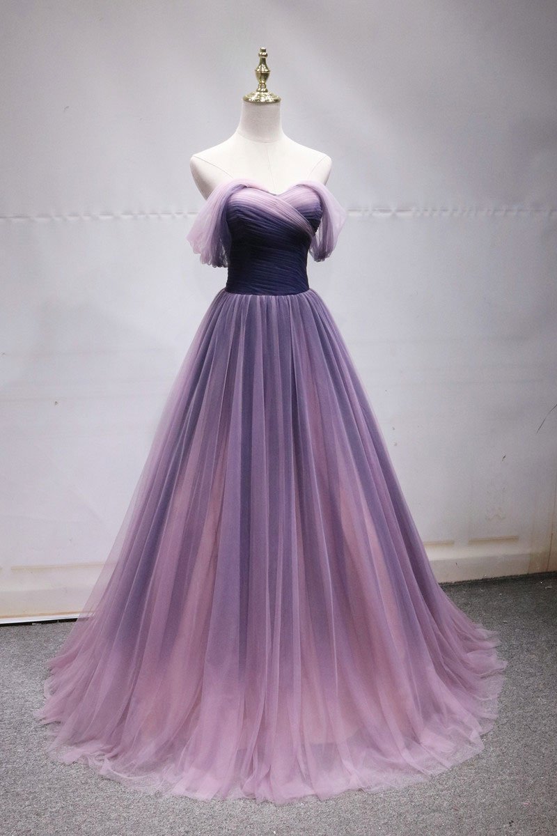 Purple Tulle Sweetheart Gradient Off Shoulder Long Party Dress, A-Line Tulle Prom Dress Party Dress