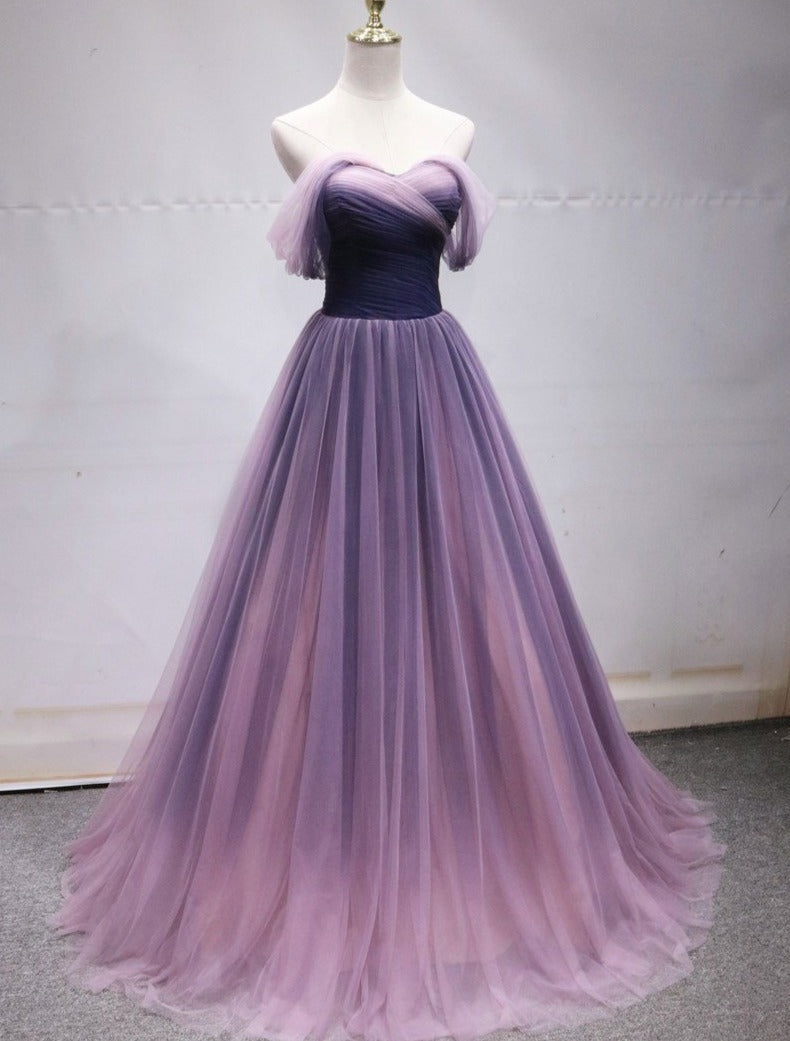 Purple Tulle Sweetheart Gradient Off Shoulder Long Party Dress, A-Line Tulle Prom Dress Party Dress Main image
