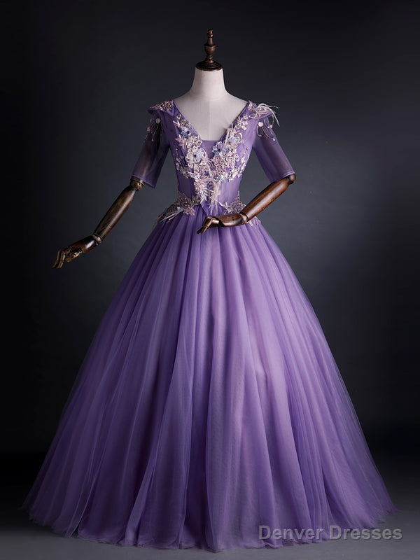 Purple Tulle V-neck Appliques Short Sleeve Quinceanera Dress Main image