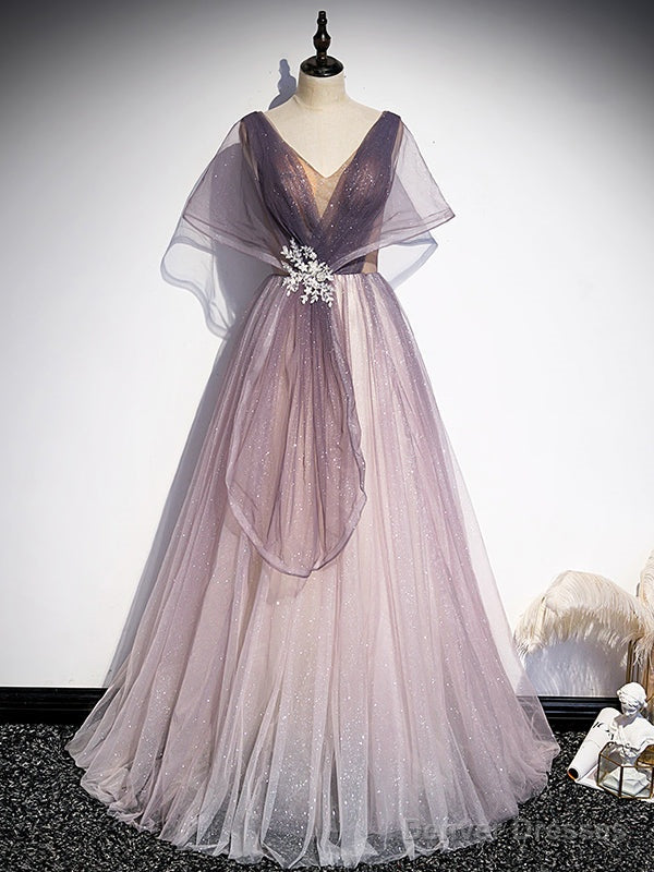 Purple Tulle V-neck Backless Bat Sleeve Prom Dress Main image