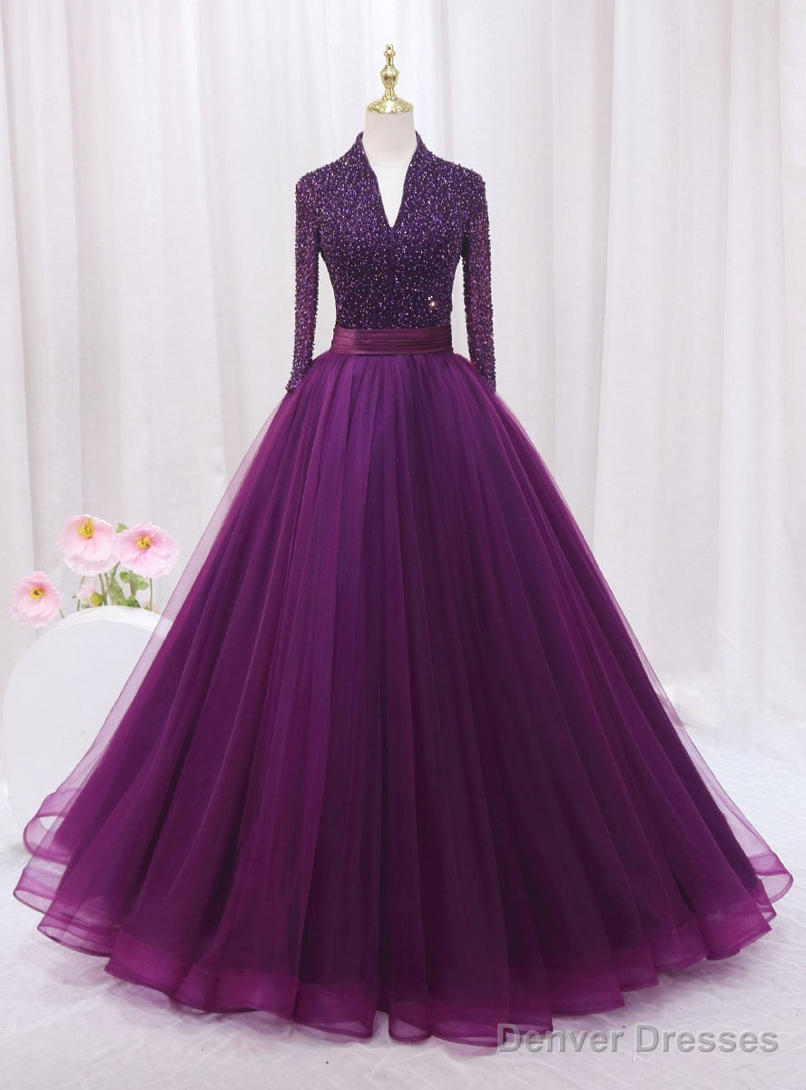Purple Tulle V-neck Long Sleeve Backless Beading Prom Dress Main image