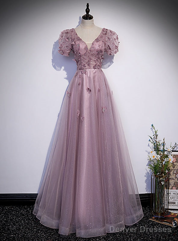 Purple Tulle V-neck Puff Sleeve Appliques Prom Dress Main image