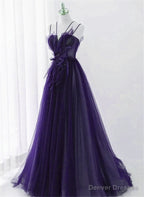 Purple Tulle with Lace Applique Long Prom Dress, Purple Long Formal Dress