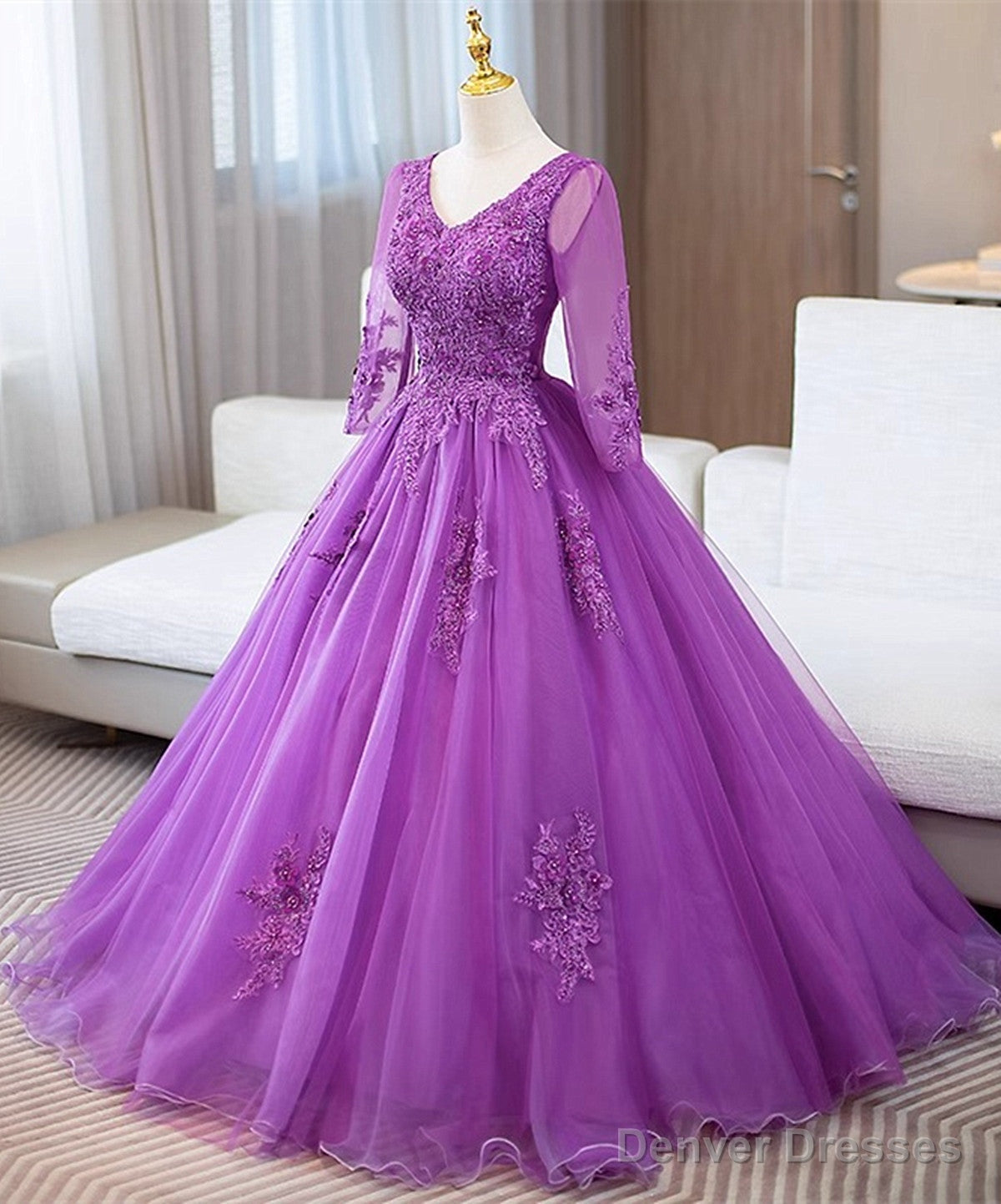 Purple Tulle with Lace Applique Long Sleeves Party Dress, Purple Tulle Prom Dress