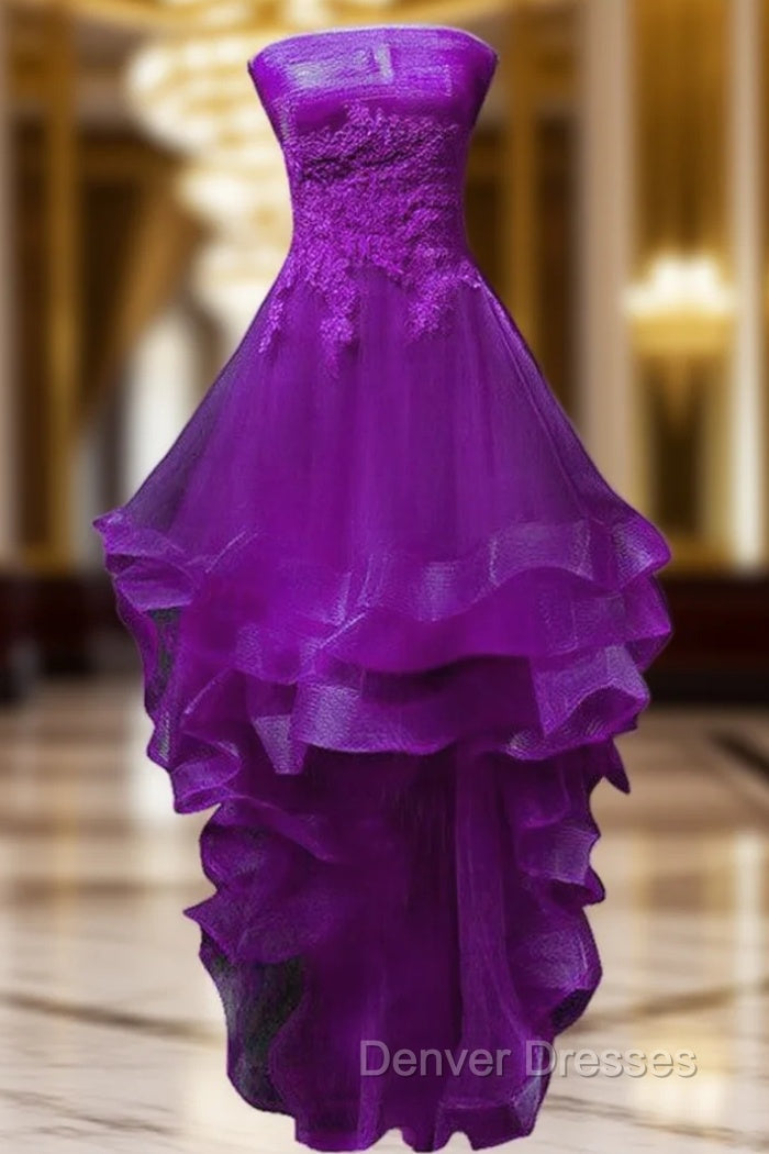 Purple Tulle With Lace High Low Party Dress Formal Dress, Purple Homecoming Dress Main image