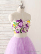 Purple Two Pieces Applique Tulle Long Prom Dress Purple Evening Dress
