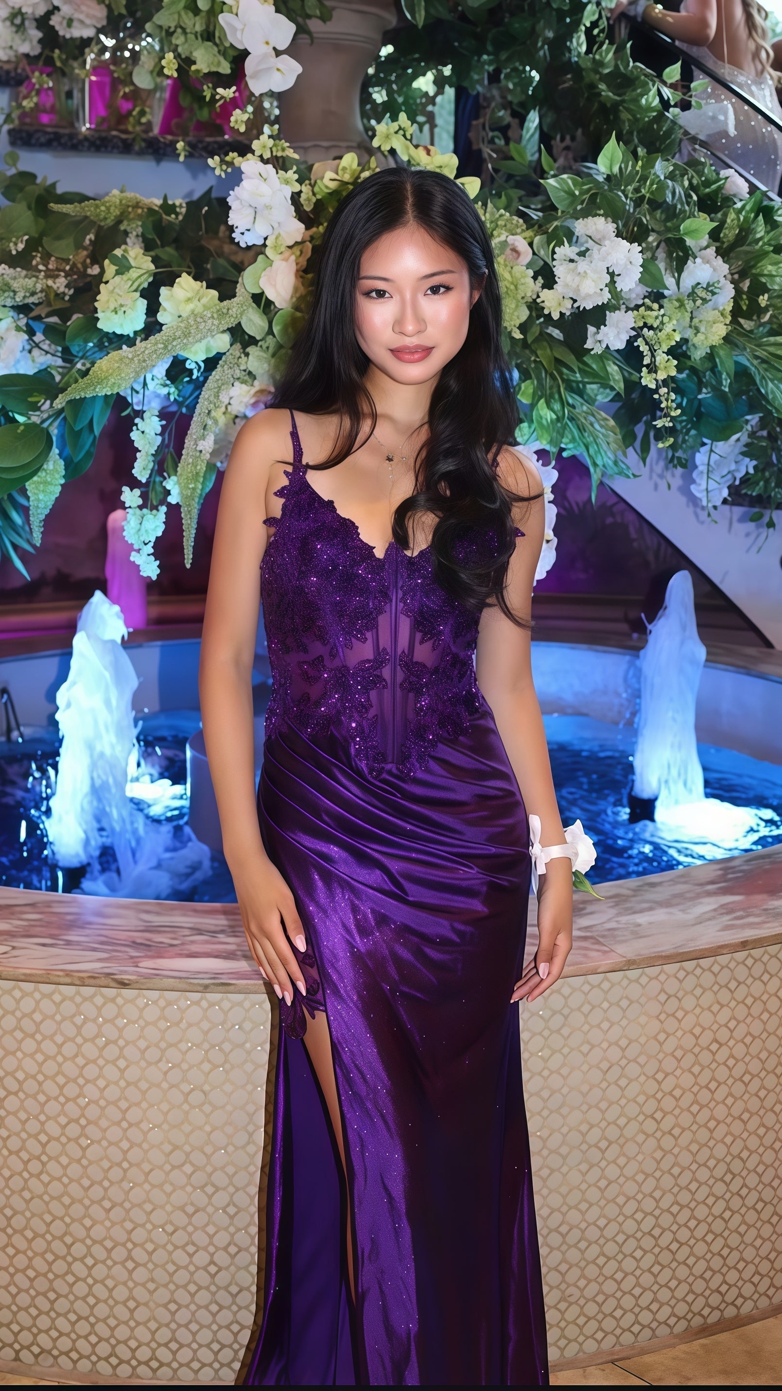 Purple V-Neck Appliques Lace Party Dress With Side Slit Main image