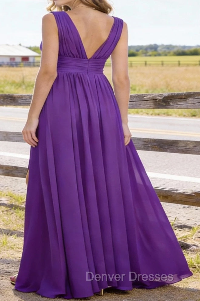 Purple V Neck Chiffon Floor Length Bridesmaid Dresses Long Bridesmaid Dress With Pleated Split Secondary image